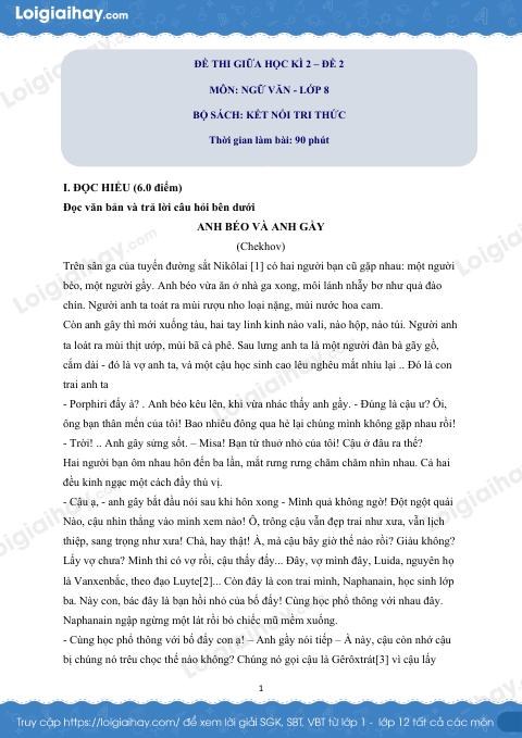 Đề thi giữa kì 2 Văn 8 Chân trời sáng tạo - Đề số 2